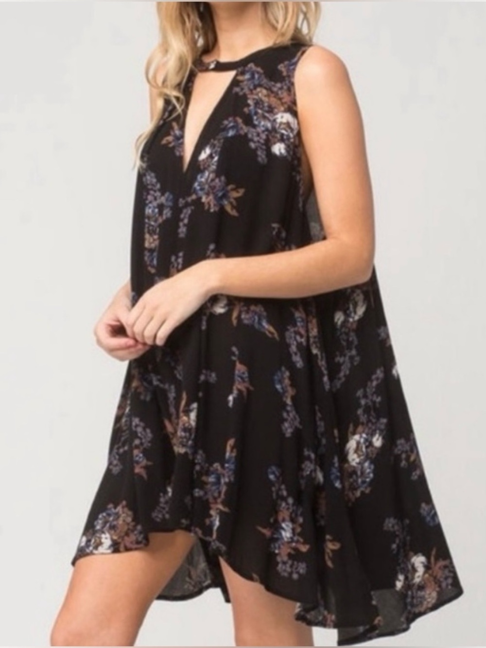 Free People Tree Black Floral Swing Dress Tunic Top Sleeveless Size XS - Picture 7 of 15
